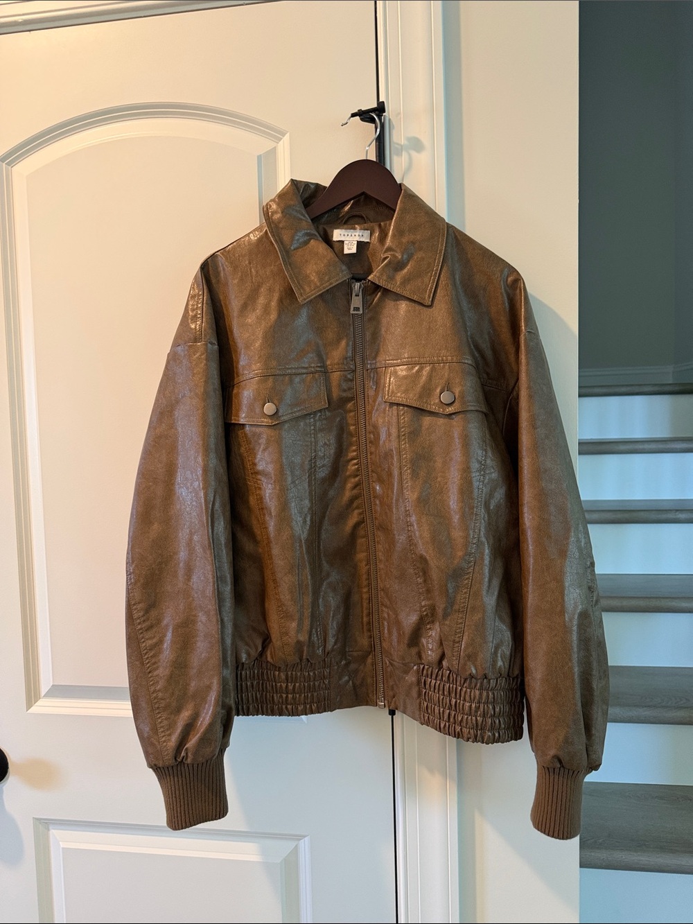 Topshop Brown Faux Leather Bomber Jacket